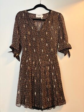 ba&sh Brown Printed Midi Dress with Tie Sleeves